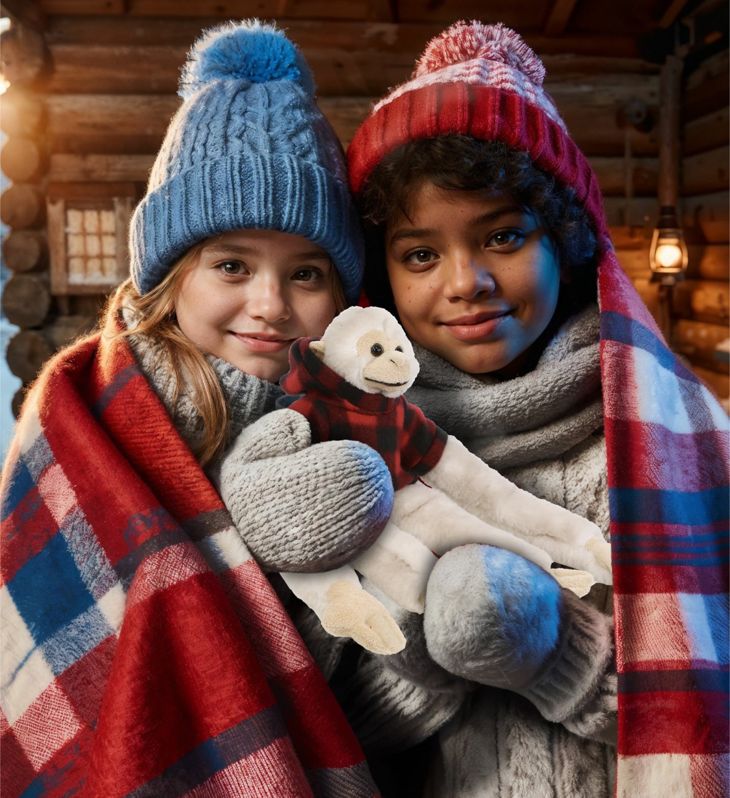 SUPER SOFT PLUSH - LONG ARM HANGING WHITE SQUIRREL MONKEY WITH RED PLAID HOODIE