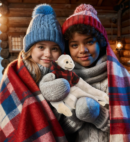 SUPER SOFT PLUSH - LONG ARM HANGING WHITE SQUIRREL MONKEY WITH RED PLAID HOODIE