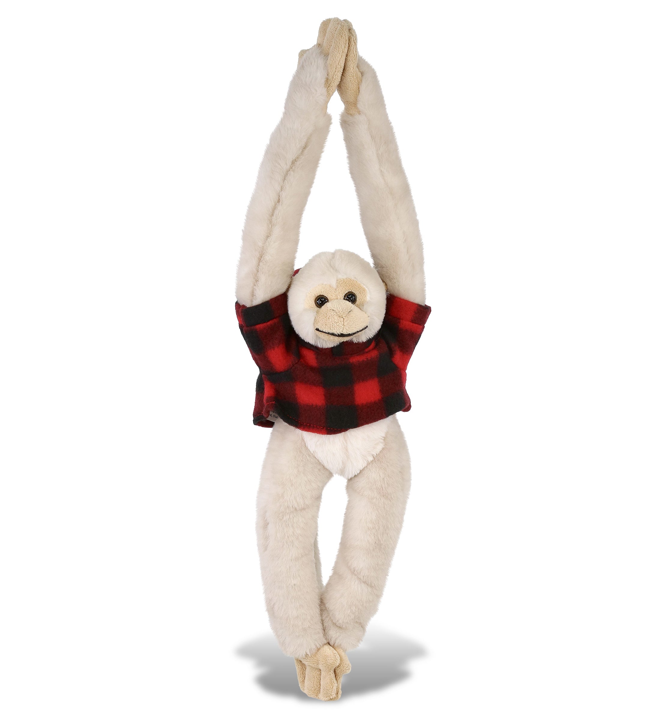 SUPER SOFT PLUSH - LONG ARM HANGING WHITE SQUIRREL MONKEY WITH RED PLAID HOODIE