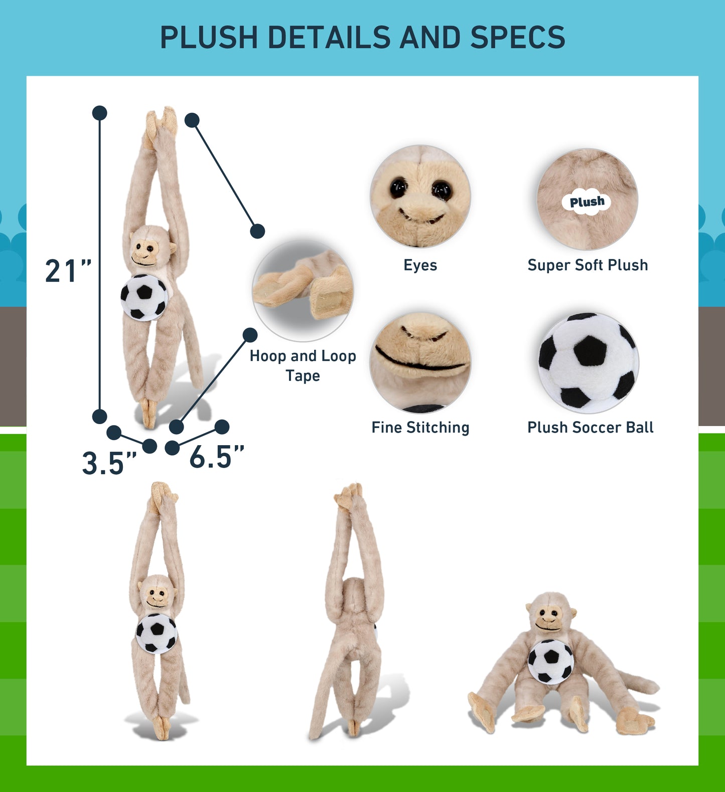 SUPER SOFT PLUSH - LONG ARM HANGING WHITE SQUIRREL MONKEY WITH SOCCER PLUSH
