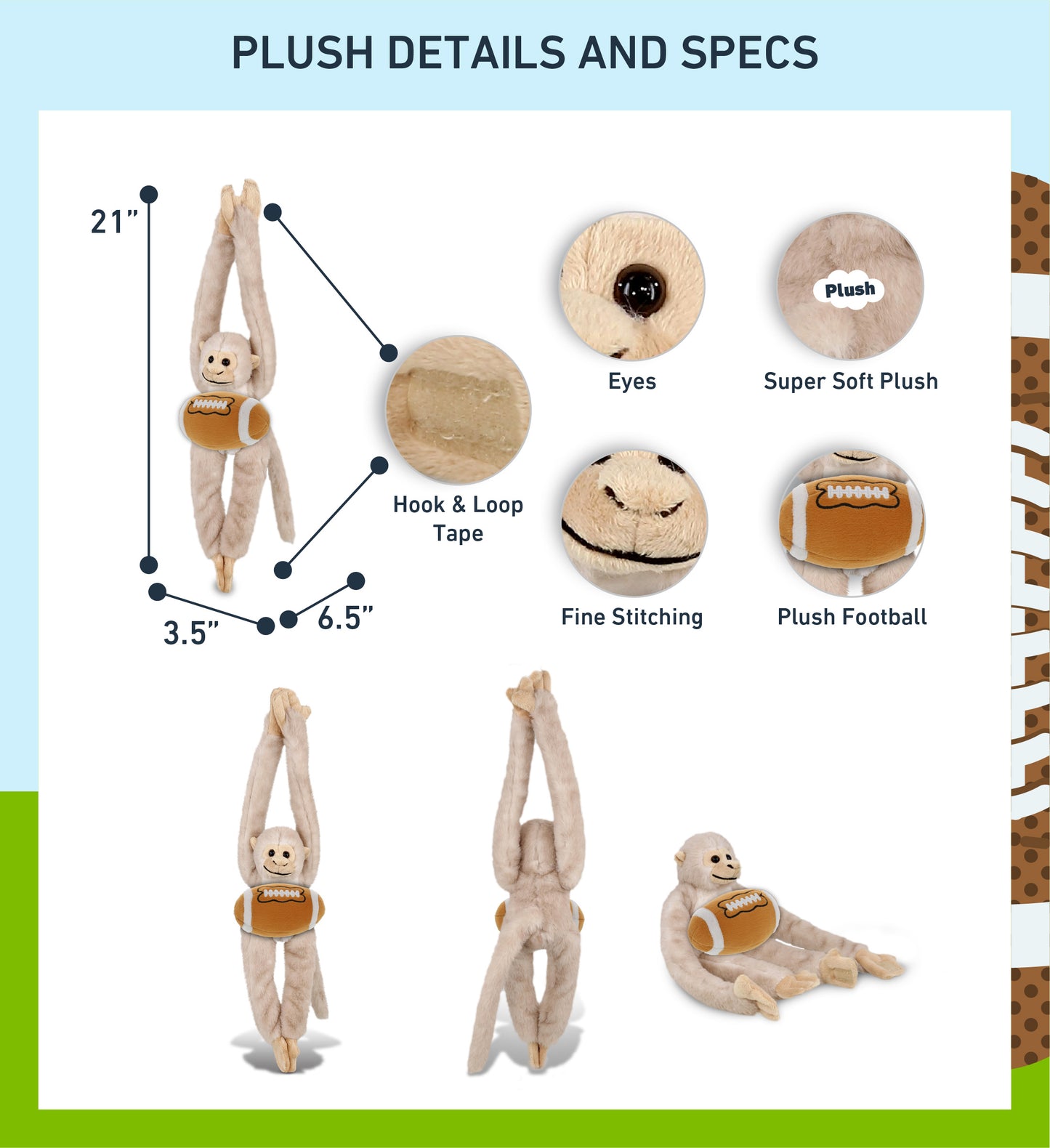 SUPER SOFT PLUSH - LONG ARM HANGING WHITE SQUIRREL MONKEY WITH FOOTBALL PLUSH