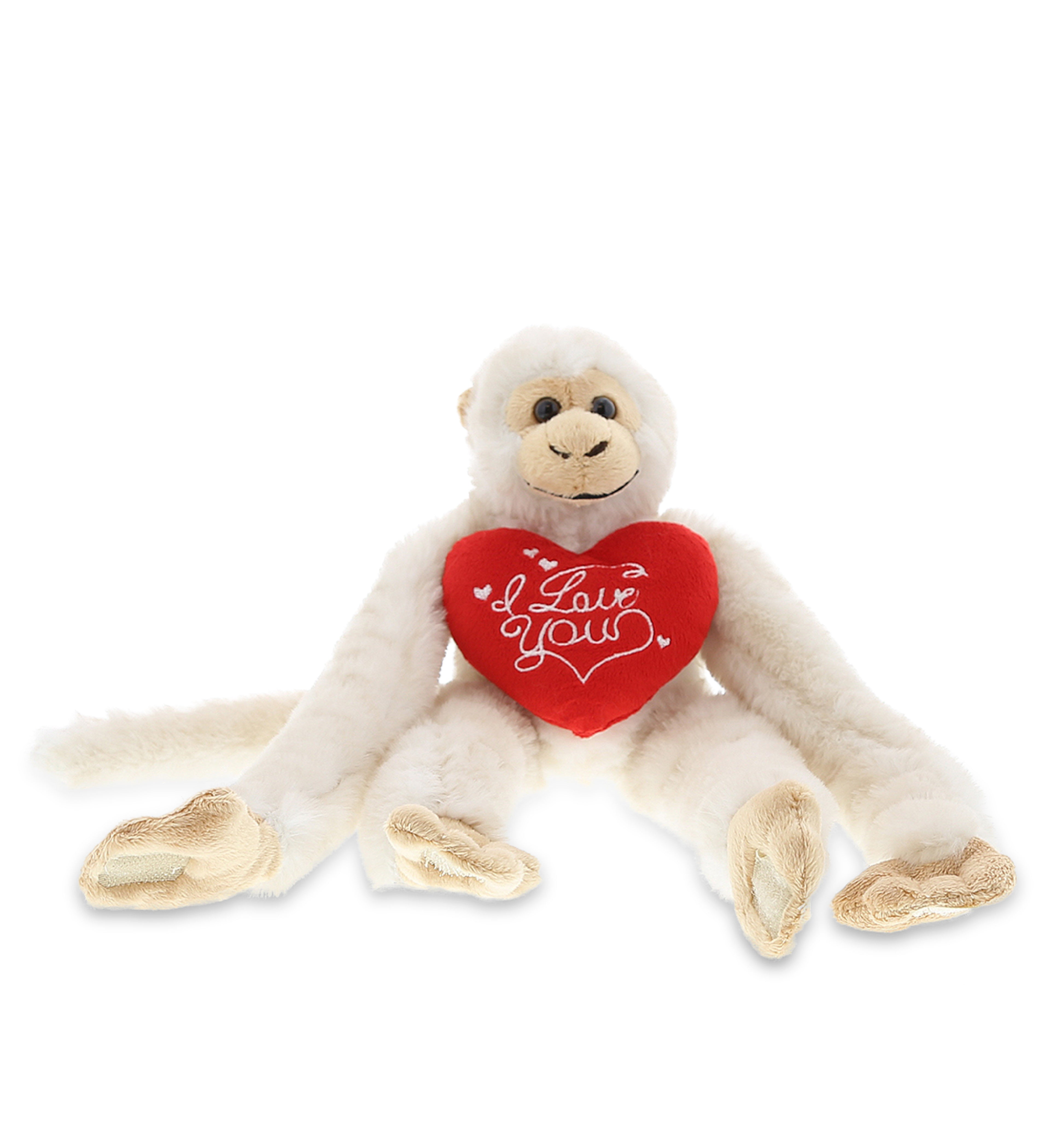 PLUSH I LOVE YOU RED HEART - SUPER SOFT PLUSH - LONG ARM HANGING WHITE SQUIRREL MONKEY