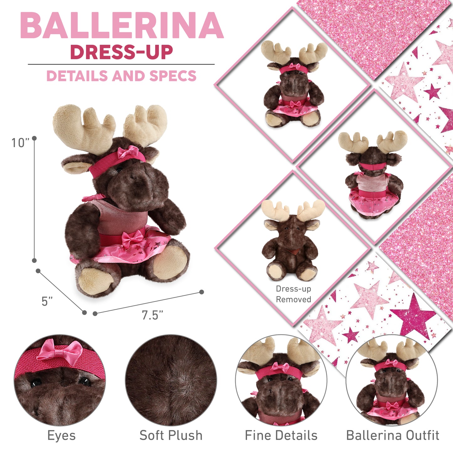 SUPER SOFT PLUSH - BROWNISH SITTING MOOSE WITH BALLERINA DRESS UP