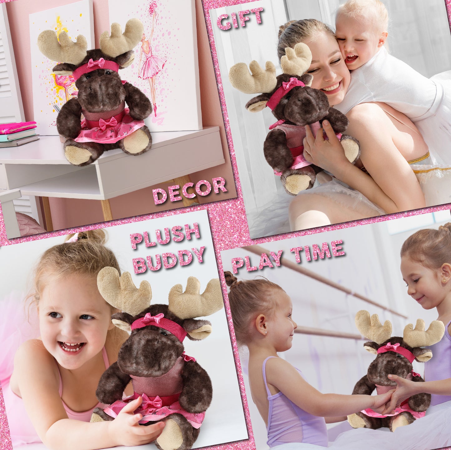SUPER SOFT PLUSH - BROWNISH SITTING MOOSE WITH BALLERINA DRESS UP