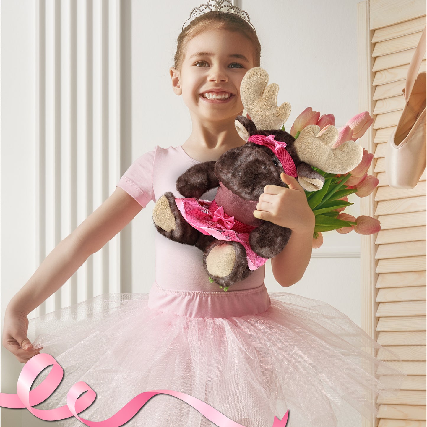 SUPER SOFT PLUSH - BROWNISH SITTING MOOSE WITH BALLERINA DRESS UP