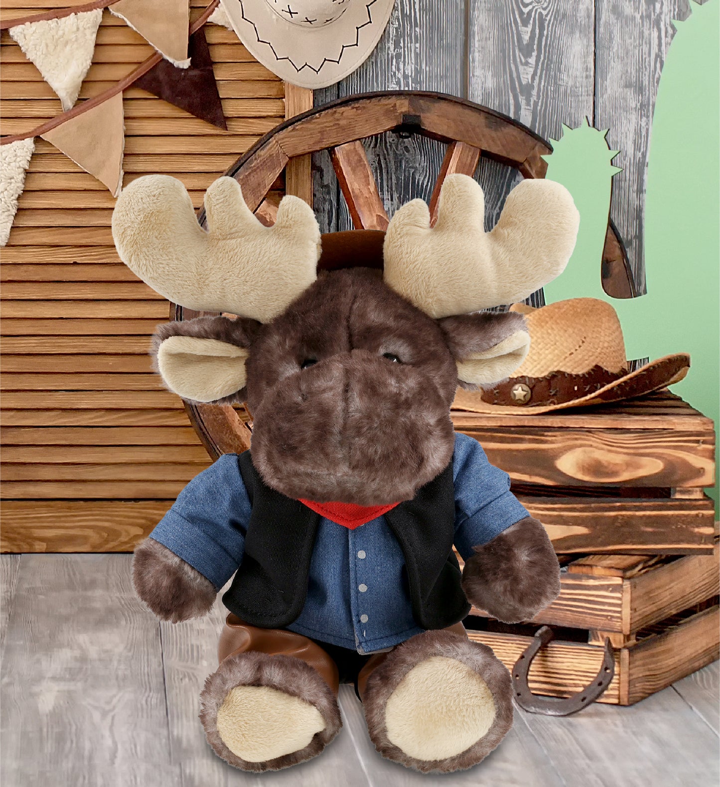 SUPER SOFT PLUSH - BROWNISH SITTING MOOSE With COWBOY Dress Up