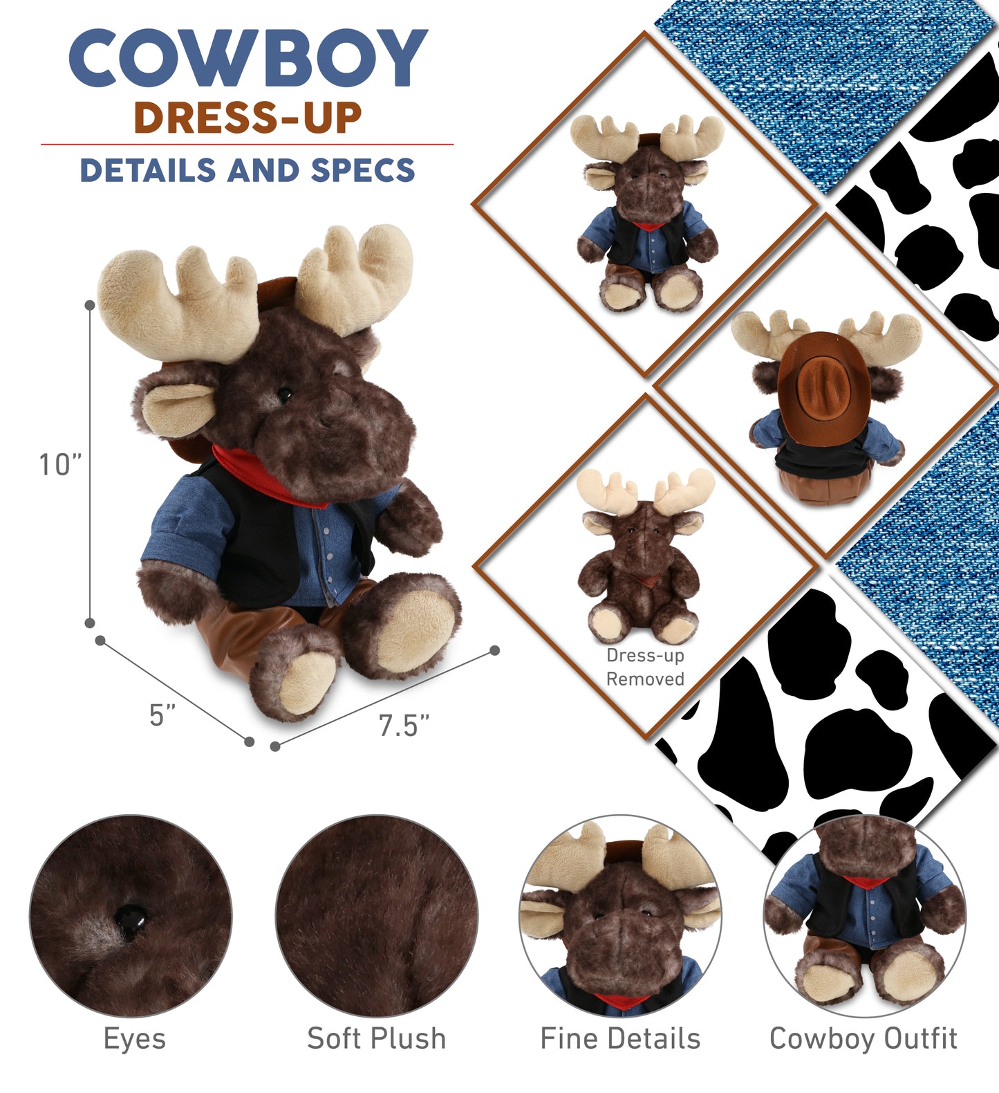 SUPER SOFT PLUSH - BROWNISH SITTING MOOSE With COWBOY Dress Up