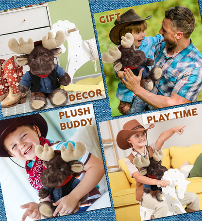 SUPER SOFT PLUSH - BROWNISH SITTING MOOSE With COWBOY Dress Up