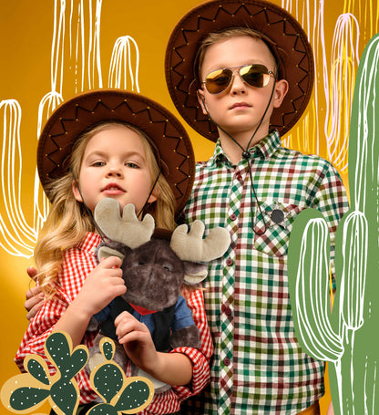 SUPER SOFT PLUSH - BROWNISH SITTING MOOSE With COWBOY Dress Up