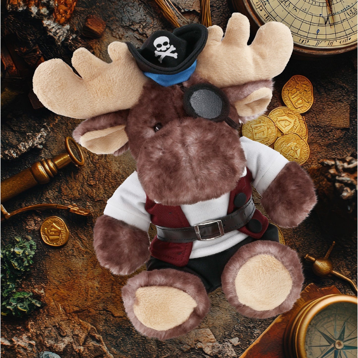 SUPER SOFT PLUSH - BROWNISH SITTING MOOSE PIRATE DRESS UP