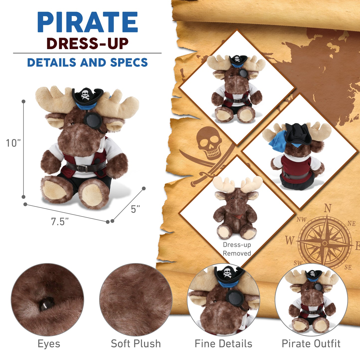 SUPER SOFT PLUSH - BROWNISH SITTING MOOSE PIRATE DRESS UP