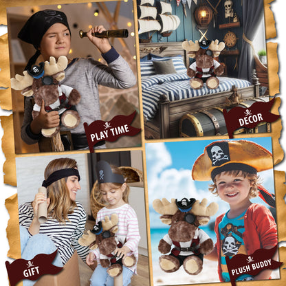 SUPER SOFT PLUSH - BROWNISH SITTING MOOSE PIRATE DRESS UP