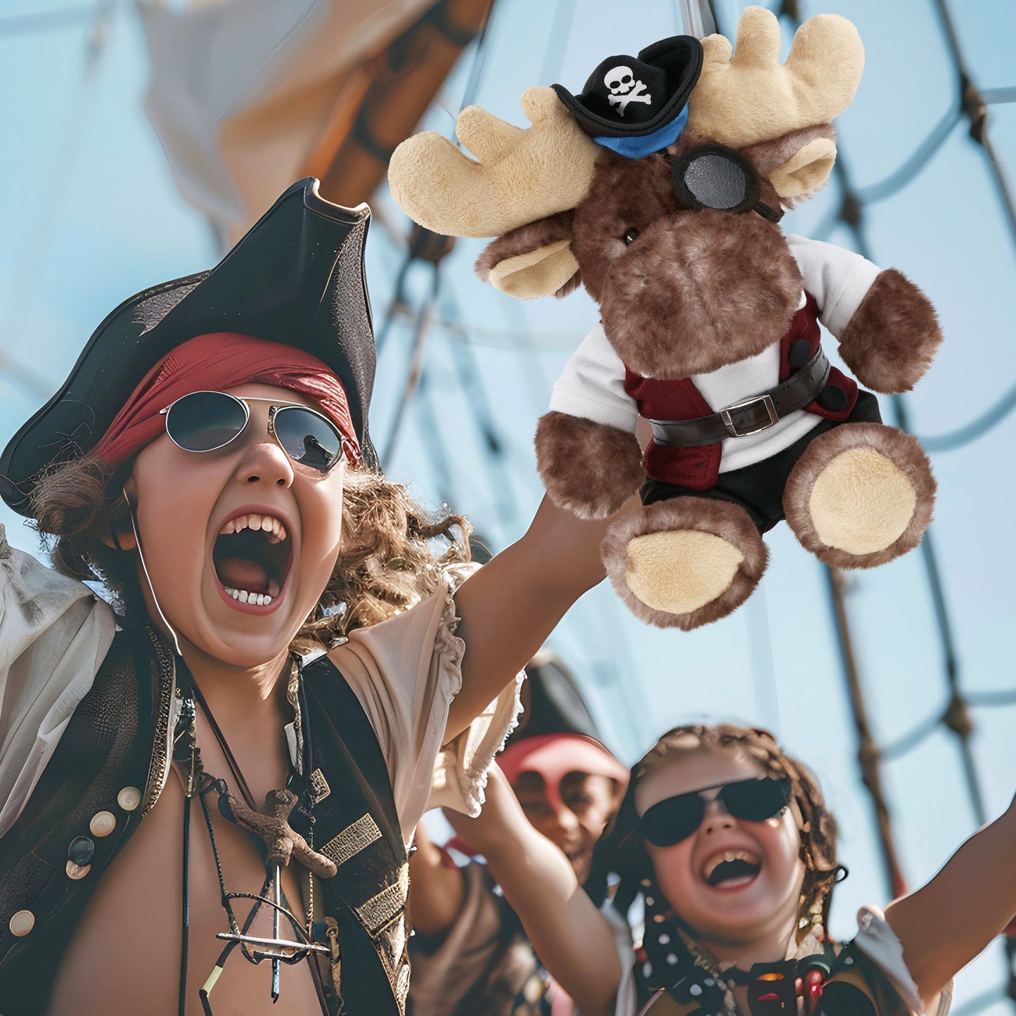 SUPER SOFT PLUSH - BROWNISH SITTING MOOSE PIRATE DRESS UP