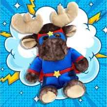 SUPER SOFT PLUSH - BROWNISH SITTING MOOSE With SUPER HERO Dress Up
