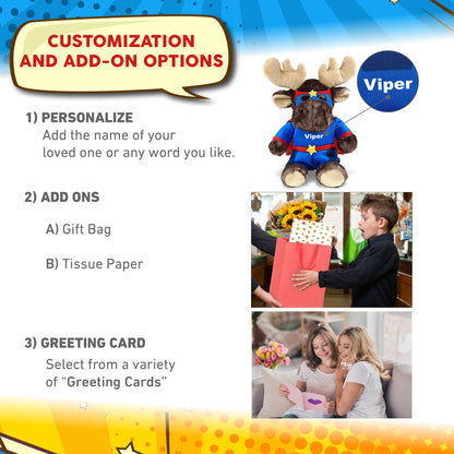 SUPER SOFT PLUSH - BROWNISH SITTING MOOSE With SUPER HERO Dress Up