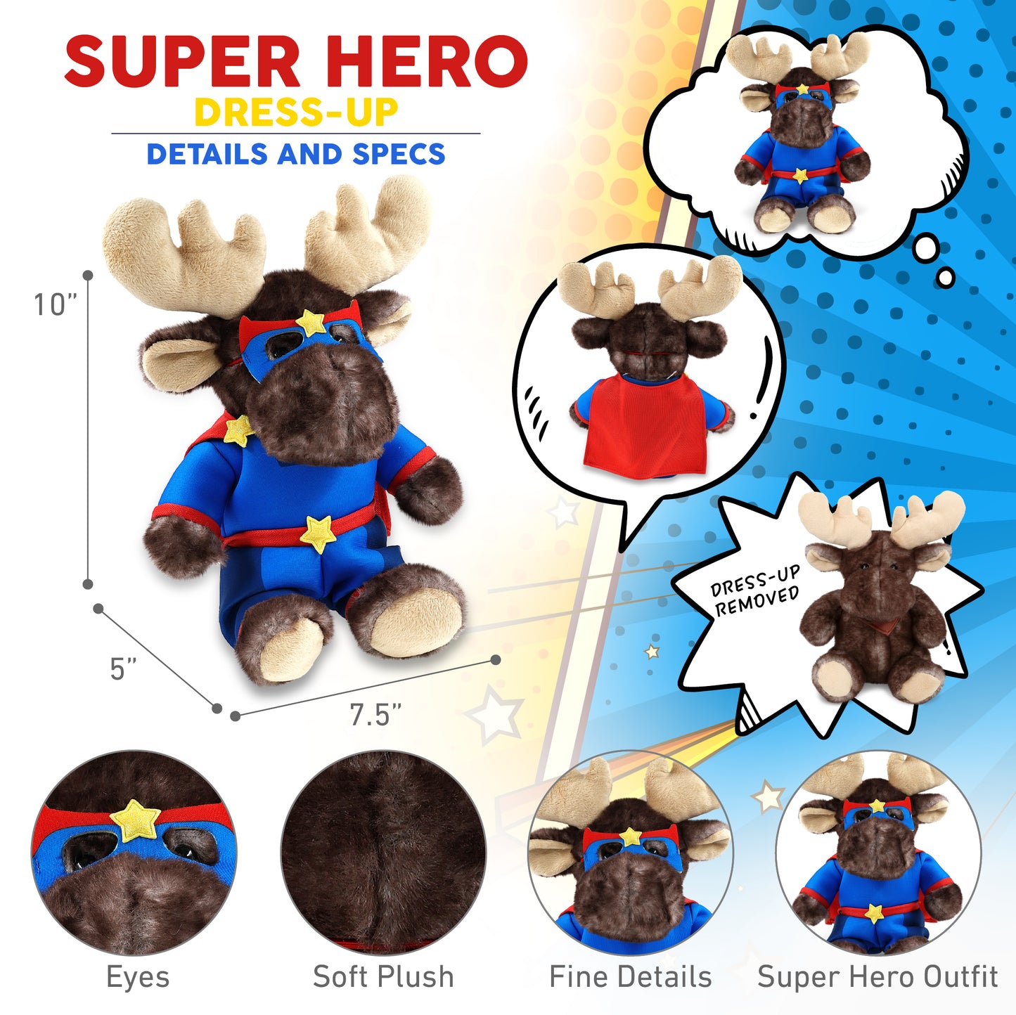 SUPER SOFT PLUSH - BROWNISH SITTING MOOSE With SUPER HERO Dress Up