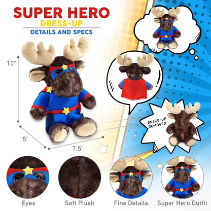 SUPER SOFT PLUSH - BROWNISH SITTING MOOSE With SUPER HERO Dress Up
