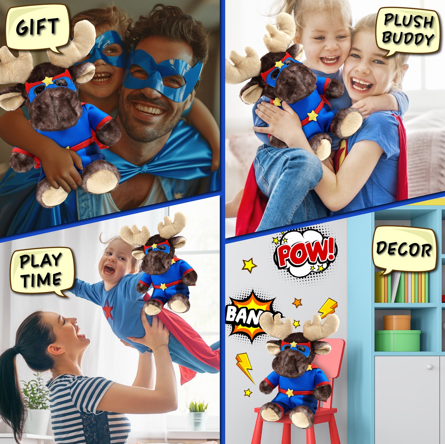 SUPER SOFT PLUSH - BROWNISH SITTING MOOSE With SUPER HERO Dress Up