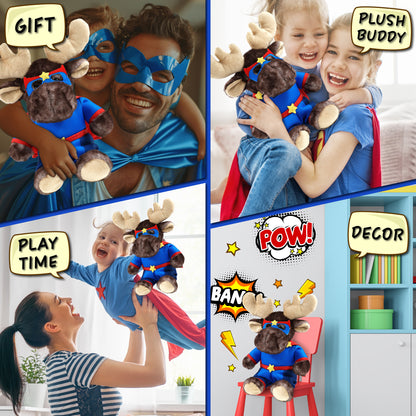 SUPER SOFT PLUSH - BROWNISH SITTING MOOSE With SUPER HERO Dress Up