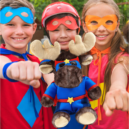 SUPER SOFT PLUSH - BROWNISH SITTING MOOSE With SUPER HERO Dress Up