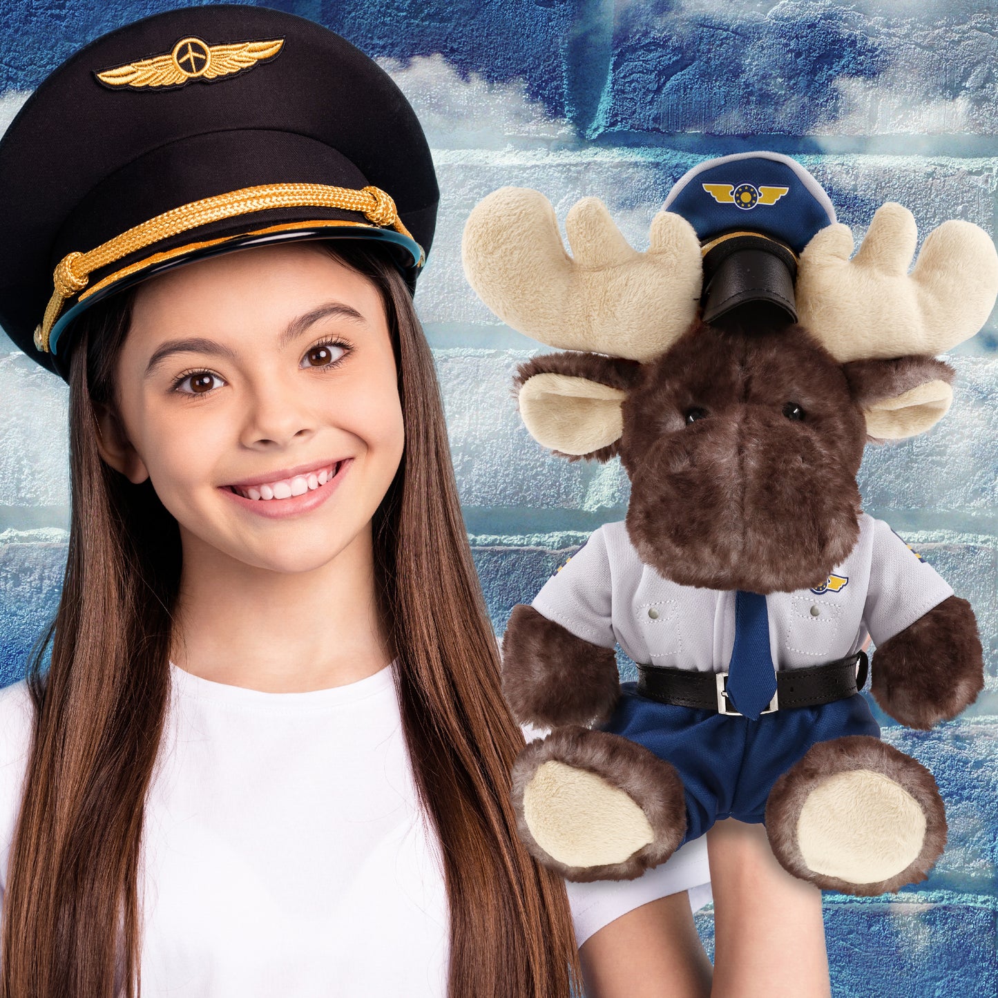 SUPER SOFT PLUSH - BROWNISH SITTING MOOSE PILOT DRESS UP