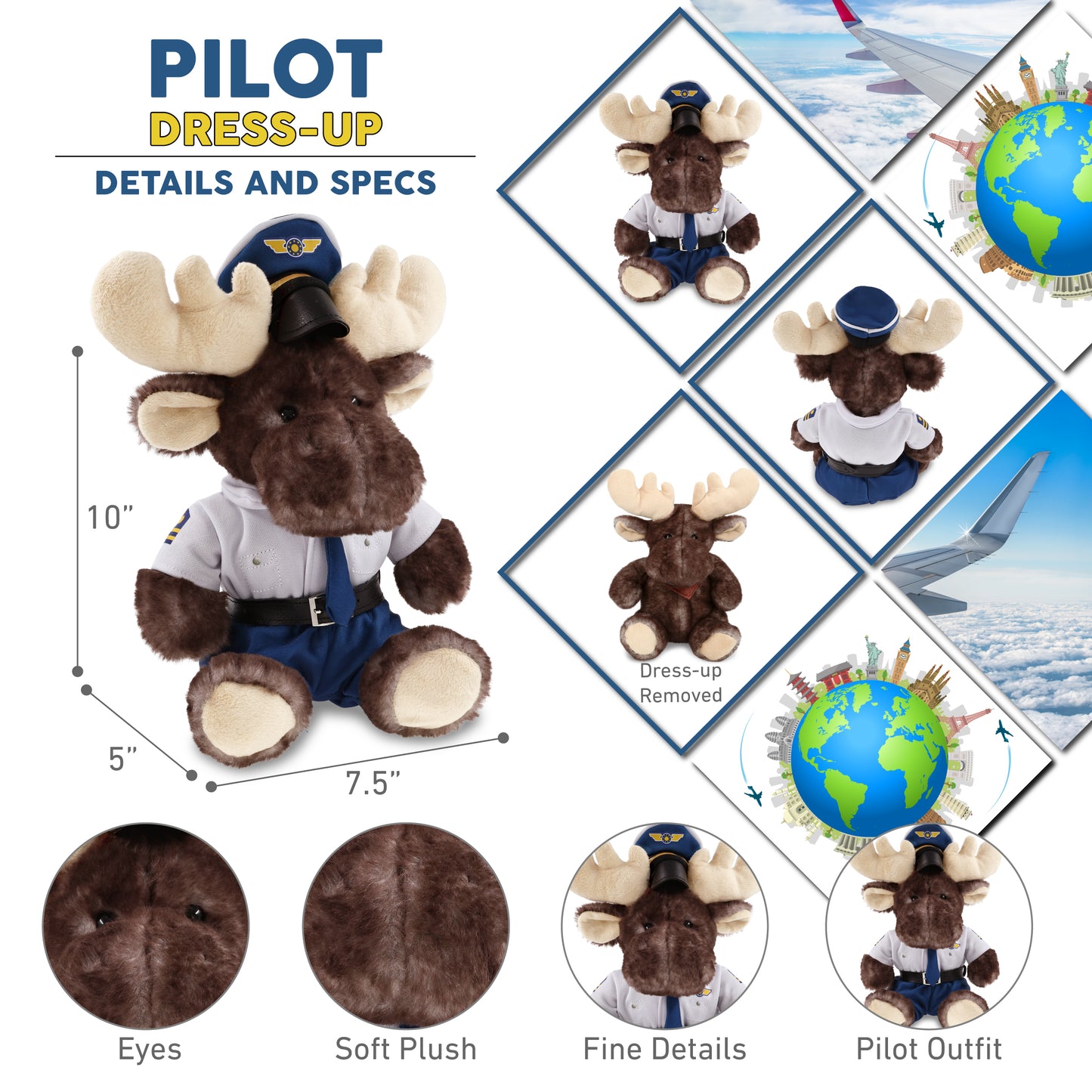 SUPER SOFT PLUSH - BROWNISH SITTING MOOSE PILOT DRESS UP