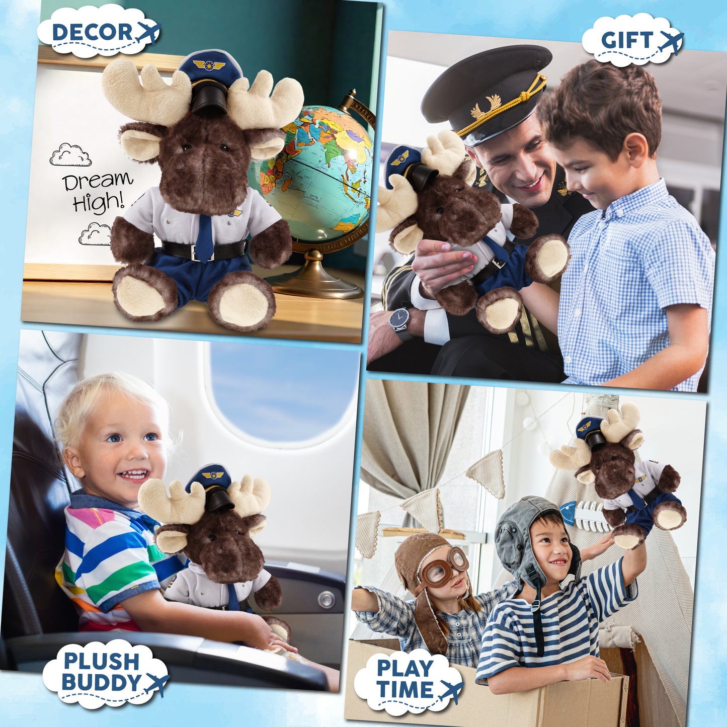 SUPER SOFT PLUSH - BROWNISH SITTING MOOSE PILOT DRESS UP