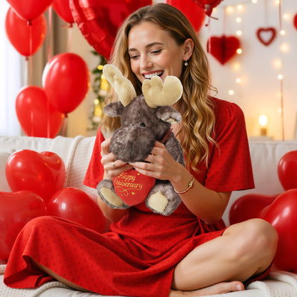 SUPER SOFT PLUSH - BROWNISH SITTING MOOSE WITH HAPPY ANNIVERSARY HEART