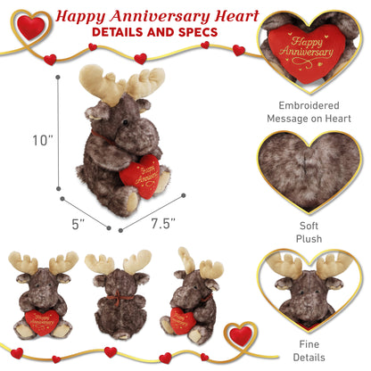 SUPER SOFT PLUSH - BROWNISH SITTING MOOSE WITH HAPPY ANNIVERSARY HEART