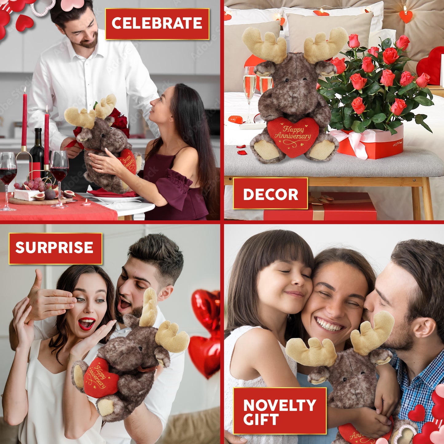 SUPER SOFT PLUSH - BROWNISH SITTING MOOSE WITH HAPPY ANNIVERSARY HEART