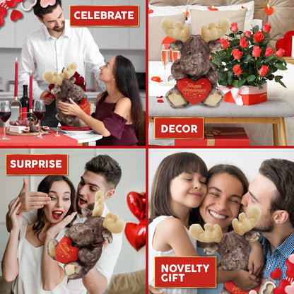 SUPER SOFT PLUSH - BROWNISH SITTING MOOSE WITH HAPPY ANNIVERSARY HEART