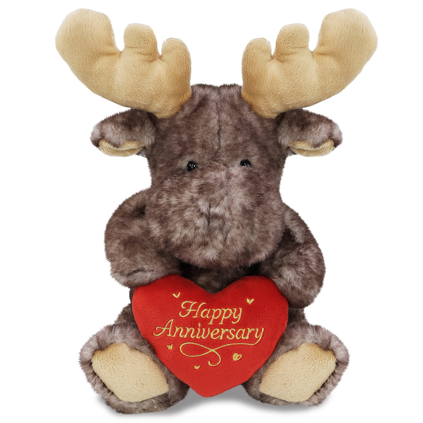 SUPER SOFT PLUSH - BROWNISH SITTING MOOSE WITH HAPPY ANNIVERSARY HEART
