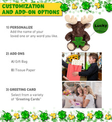 DolliBu Sitting Moose Stuffed Animal with Green Plush Shamrock - 10 Inches