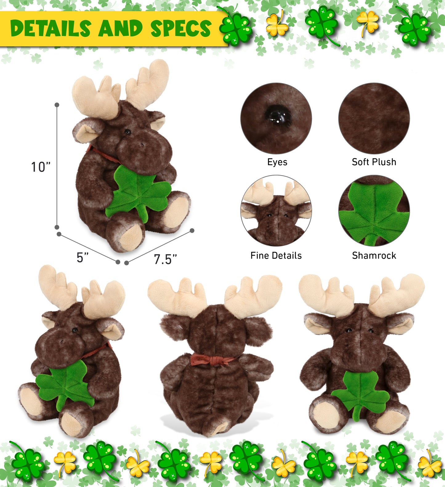 DolliBu Sitting Moose Stuffed Animal with Green Plush Shamrock - 10 Inches