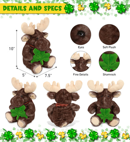 DolliBu Sitting Moose Stuffed Animal with Green Plush Shamrock - 10 Inches