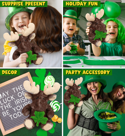 DolliBu Sitting Moose Stuffed Animal with Green Plush Shamrock - 10 Inches