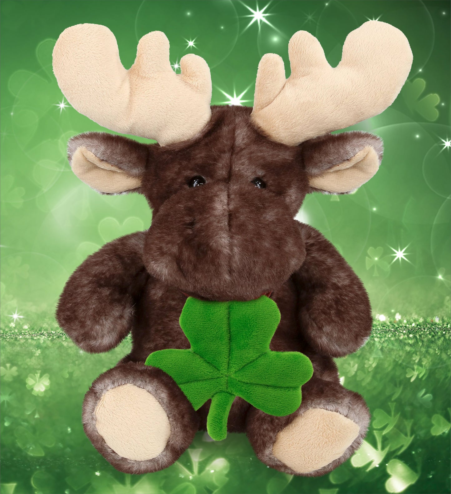 DolliBu Sitting Moose Stuffed Animal with Green Plush Shamrock - 10 Inches