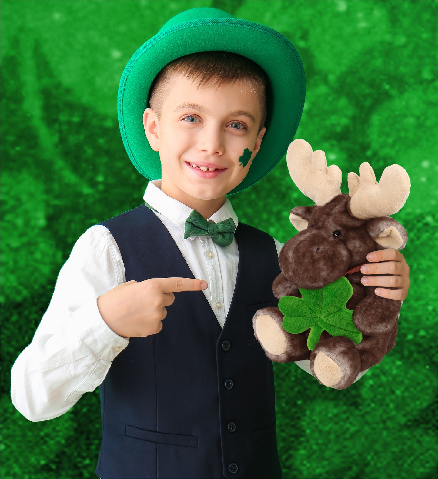 DolliBu Sitting Moose Stuffed Animal with Green Plush Shamrock - 10 Inches