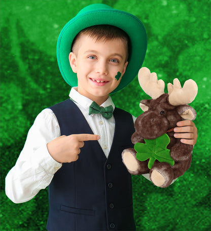 DolliBu Sitting Moose Stuffed Animal with Green Plush Shamrock - 10 Inches