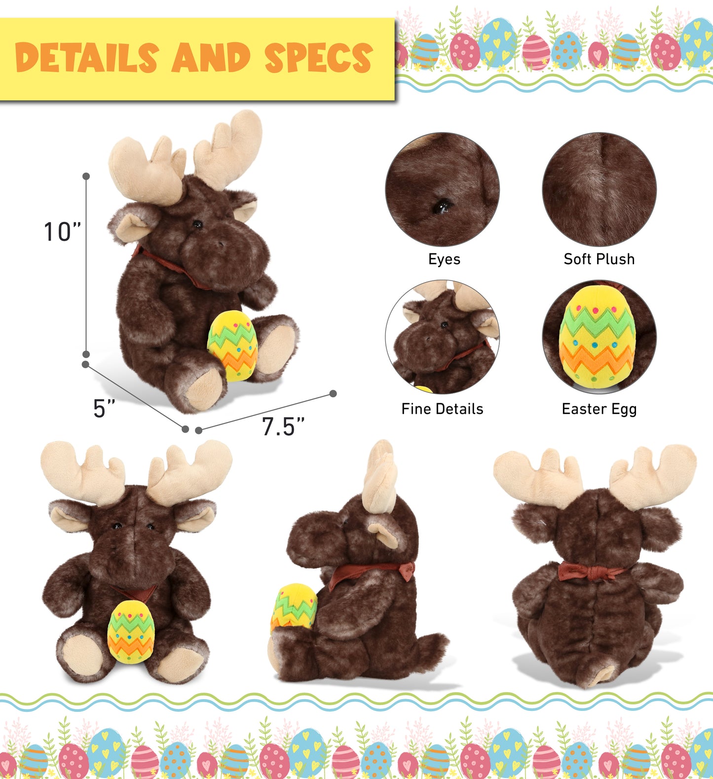 DolliBu Cute Brownish Sitting Moose with Yellow Easter Egg Plush - 10 Inches
