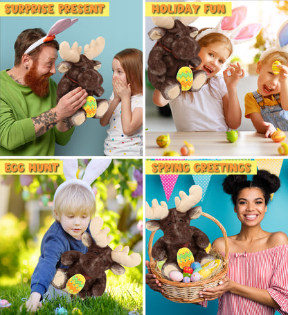 DolliBu Cute Brownish Sitting Moose with Yellow Easter Egg Plush - 10 Inches