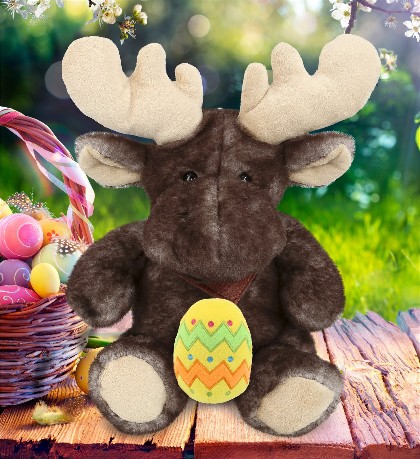 DolliBu Cute Brownish Sitting Moose with Yellow Easter Egg Plush - 10 Inches