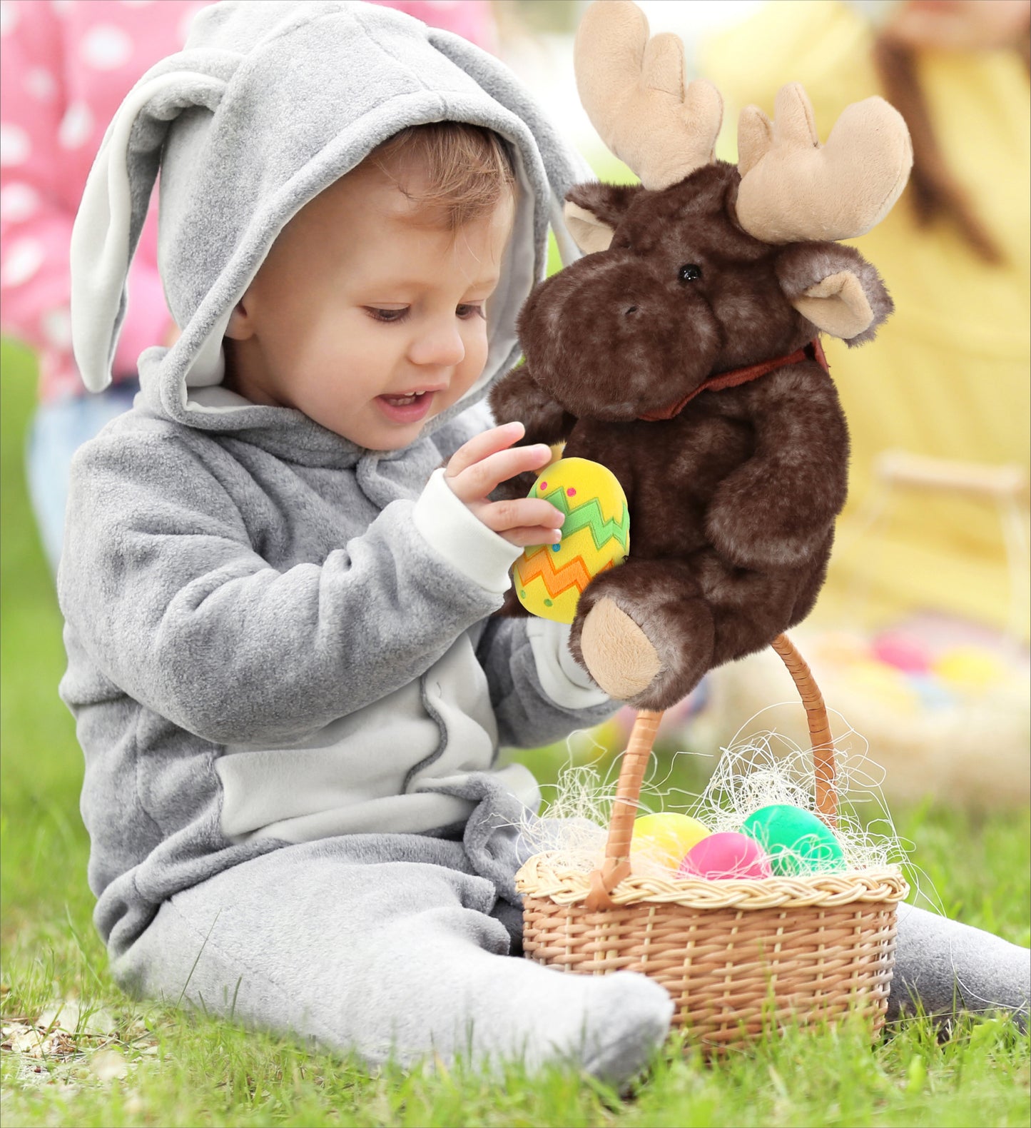 DolliBu Cute Brownish Sitting Moose with Yellow Easter Egg Plush - 10 Inches