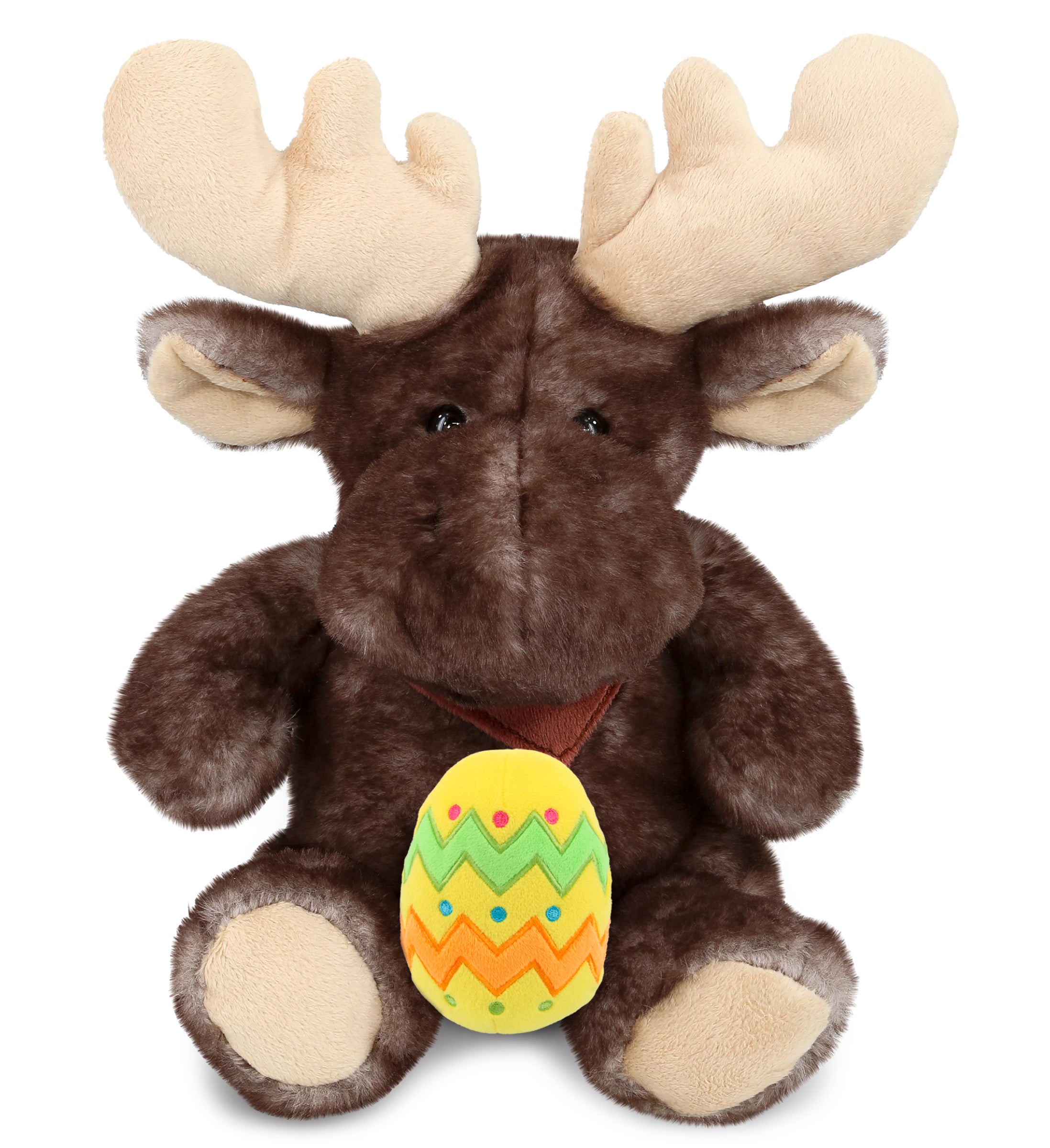 DolliBu Cute Brownish Sitting Moose with Yellow Easter Egg Plush - 10 Inches