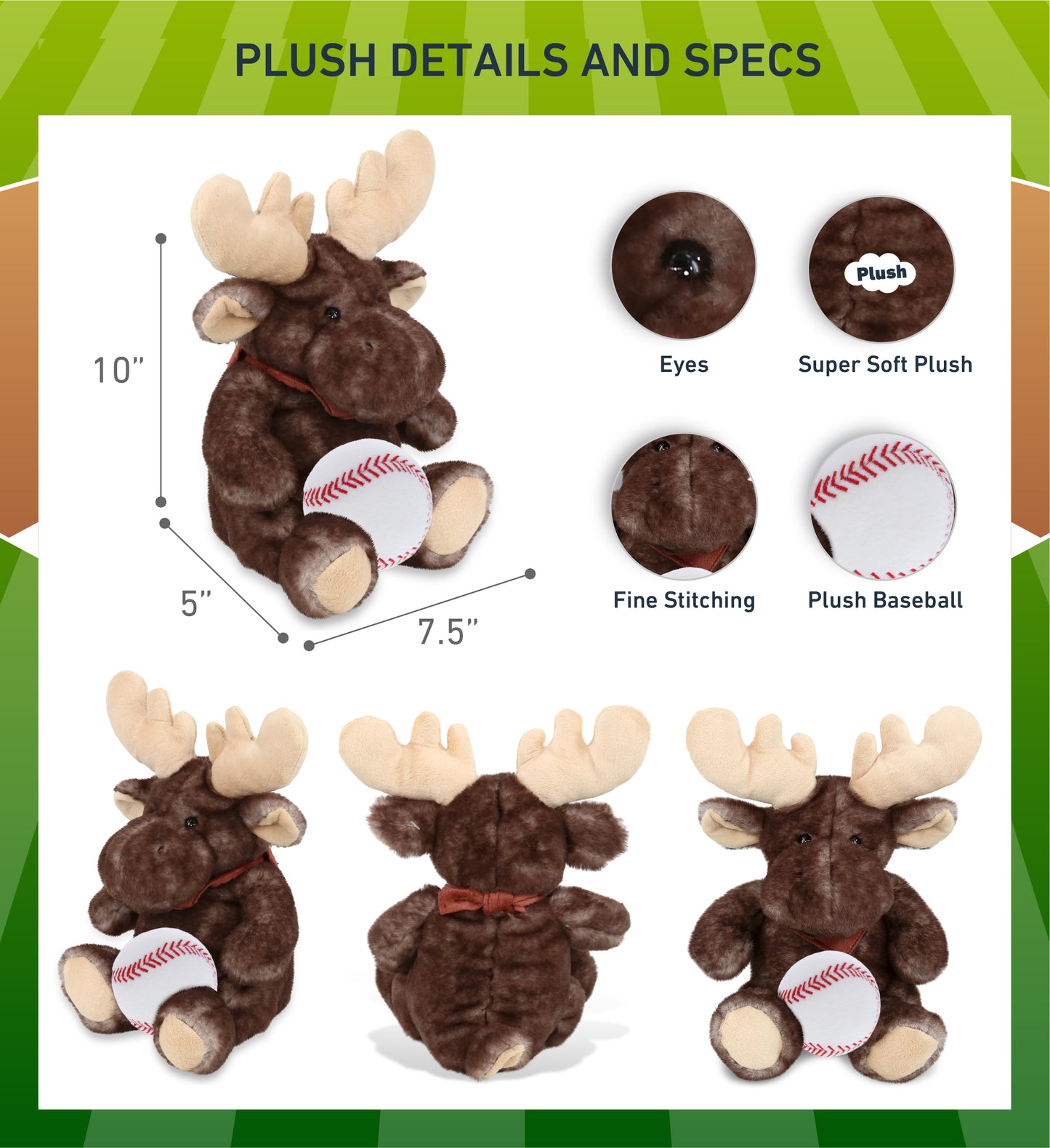 SUPER SOFT PLUSH - BROWNISH SITTING MOOSE WITH BASEBALL PLUSH