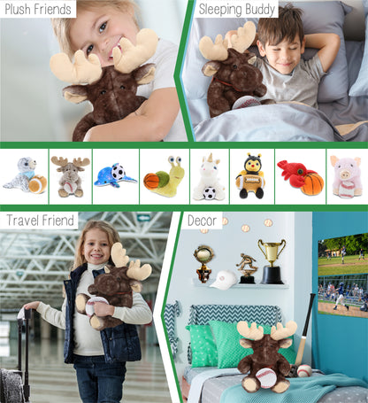 SUPER SOFT PLUSH - BROWNISH SITTING MOOSE WITH BASEBALL PLUSH