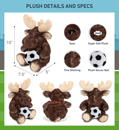 SUPER SOFT PLUSH - BROWNISH SITTING MOOSE WITH SOCCER PLUSH