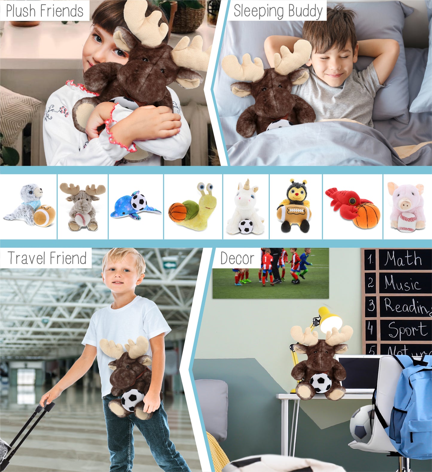 SUPER SOFT PLUSH - BROWNISH SITTING MOOSE WITH SOCCER PLUSH