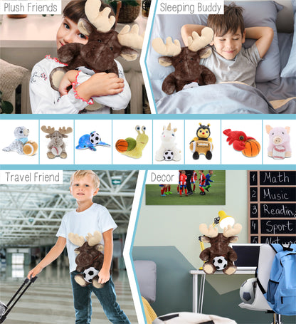 SUPER SOFT PLUSH - BROWNISH SITTING MOOSE WITH SOCCER PLUSH