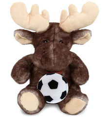 SUPER SOFT PLUSH - BROWNISH SITTING MOOSE WITH SOCCER PLUSH